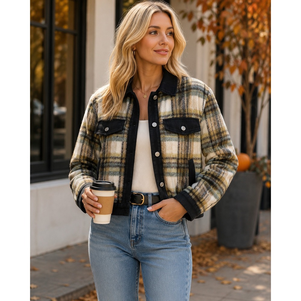NWT For The Republic Women's Cropped Plaid Black Denim Trucker Jacket Size Med